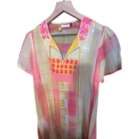 Anthropologie Niki Tlanapan Womens Multicolor Short-Sleeve Silk Blend Blouse Wit - Picture 2 of 6